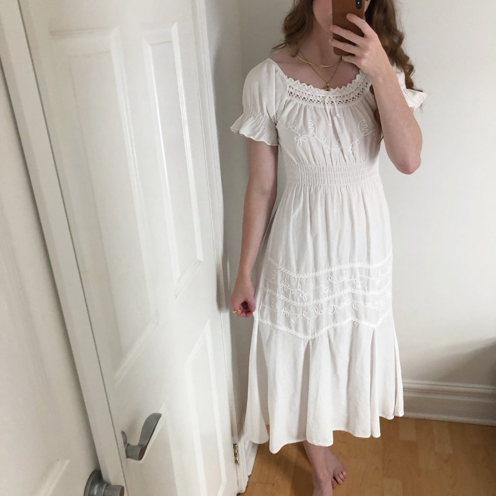Vintage Cottagecore Puff Sleeve Lace Midi Dress M - Picture 1 of 9